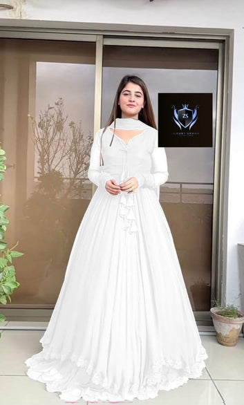 Two Layers Border Front &amp; Back Lace Work Long Flare Maxi With dupatta 3pcs