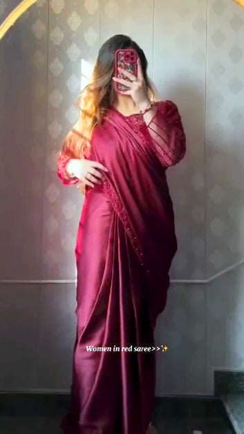 Sequence Embroidered work with Pearls Attached Silk saree